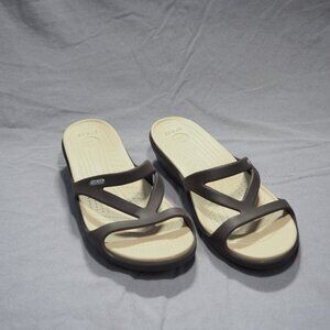 Crocs Sandals Womens 10 Brown Patricia Wedge Stappy Slip On Shoe Slide Comfort